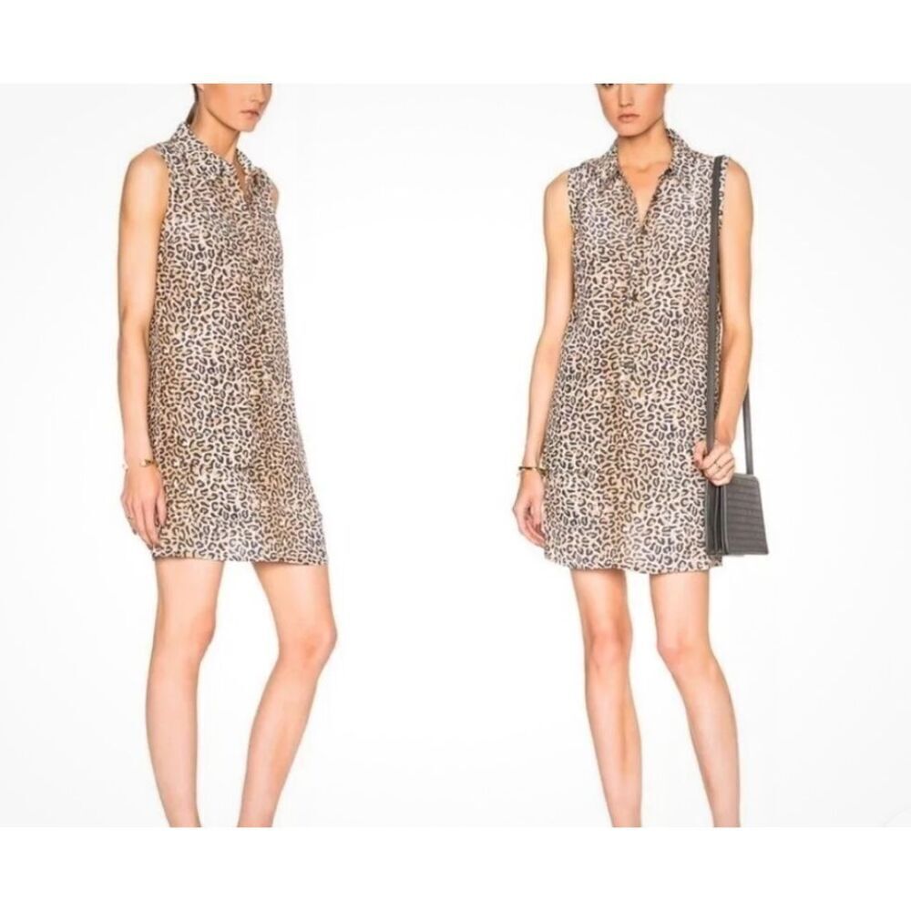 Equipment Womens Tan Cream Lucinda Sleeveless Silk Leopard Shirt Dress Small